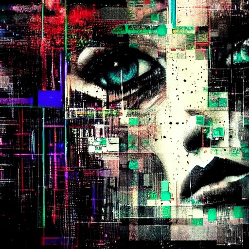 Prompt: portrait of a hooded beautiful women, mysterious, glitch effects over the eyes, shadows, by Guy Denning, by Johannes Itten, by Russ Mills, glitch art, innocent, hacking effects, chromatic, cyberpunk, color blocking, oil on canvas, concept art, abstract