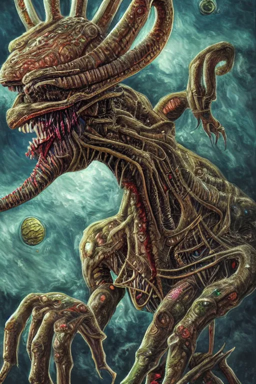 Image similar to a hyper - detailed painting of a deformed alien with various eyes, legs and arms, with skin with scales and strange textures, his mouth is open and they are screaming, from his mouth come out various chaotic monsters seeking revenge on evil humans and enslaving aliens