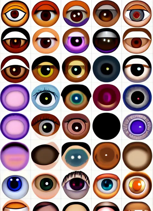 Image similar to diverse eyes!, dot pupils, round pupil, happy human eyes, round iris, advanced art, art styles mix, from wikipedia, grid of styles, various eye shapes