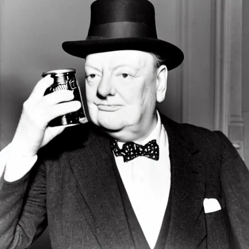 Prompt: Winston Churchill drinking a can of coca cola, profile photograph