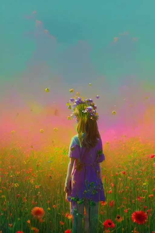 Image similar to closeup, giant flower head, girl standing in a field of flowers, surreal photography, sunrise, blue sky, dramatic light, impressionist painting, digital painting, artstation, simon stalenhag