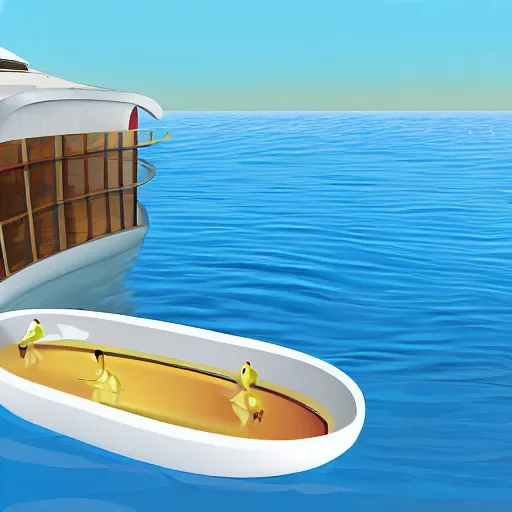 Prompt: cruise liner in the shape of a bathtub duck in the middle of the ocean. digital art