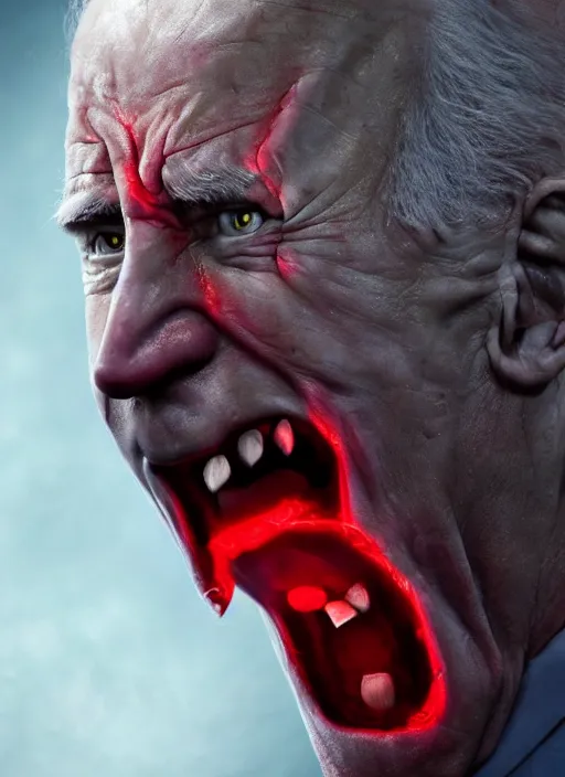 Image similar to hyper realistic ultra realistic wrath horrifying photo furious glowing red eyes biden, high quality photo, detailed , 8k