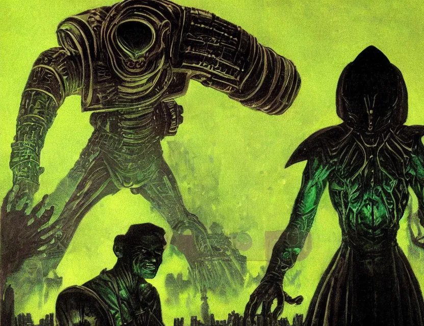 Image similar to a close - up view portrait of a silhouetted supernatural wizard in brutalist halls with metallic alien technology. close - up view, detailed textures. glowing green purple fog, dark black background. highly detailed fantasy science fiction painting by moebius, norman rockwell, frank frazetta, and syd mead. rich colors, high contrast