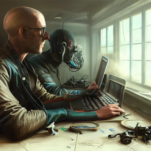 Prompt: realistic man using laptop in gaming room, artstation trends, sci fi concept art, highly detailed, intricate, sharp focus, digital art, 8 k