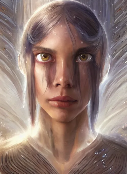 Image similar to a professional painting of a beautiful young female alien, clothed in ethereal armor, olive skin, long dark hair, beautiful bone structure, symmetrical facial features, intricate, elegant, digital painting, concept art, smooth, sharp focus, illustration, from Valerian and the City of a Thousand Planets, by Ruan Jia and Mandy Jurgens and Artgerm and William-Adolphe Bouguerea