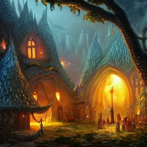 Prompt: oil painting of fantasy elven village inspired by Lord of the Rings by marc simonetti, mood lighting, trending on artstation