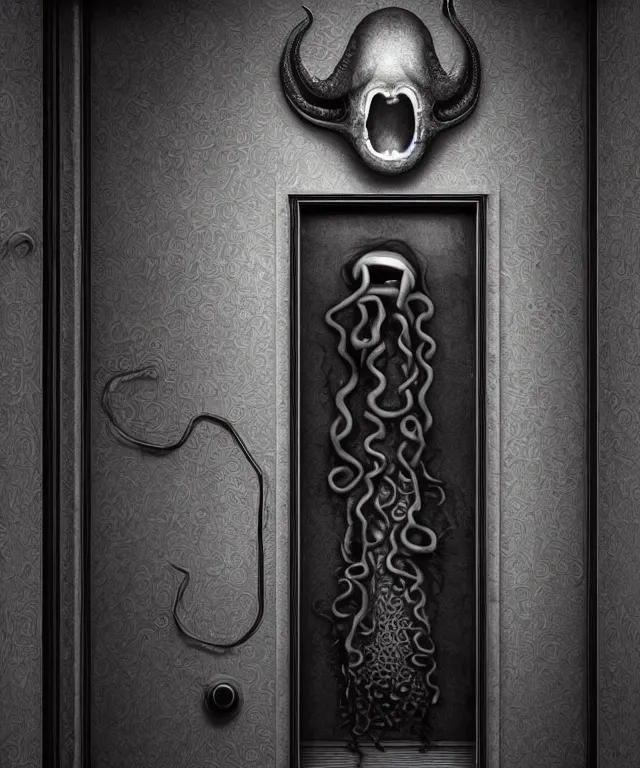 Image similar to horrifying photorealistic image of a 1 9 2 5 hotel elevator lobby, elevator doors look like a mouth, with a tentacle - shaped tongue, licking out, dark, atmospheric, brooding, smooth, finely detailed, cinematic, epic, lovecraft, in the style of lee gibbons