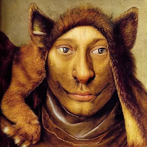 Prompt: portrait of an actor with a homemade cat mask, oil painting by jan van eyck, northern renaissance art, oil on canvas, wet - on - wet technique, realistic, expressive emotions, intricate textures, illusionistic detail