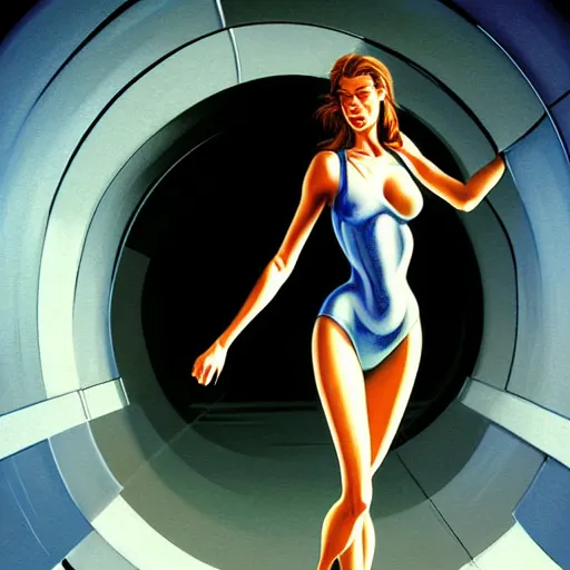 Image similar to beautiful woman entering a tunnel, walking with swagger, blue sky, art by peter lloyd 1 9 8 0, airbrush style, art by hajime sorayama,, intricate, elegant, sharp focus, illustration, highly detailed, concept art, matte, sharp focus, illustration, highly detailed, concept art, h 6 4 0