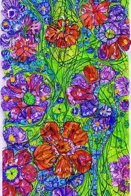 Image similar to flowers blooming on dna helix in the style of julie hewlett, julie hewlett art,