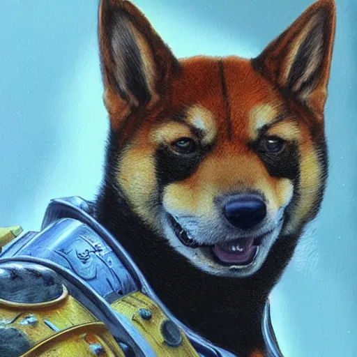 Image similar to The Shiba Inu Space Marine, close-up portrait art by Donato Giancola and James Gurney, digital art, trending on artstation