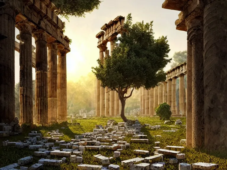 Image similar to tree growing in ancient greek ruins, gray wasteland, many scrap cars, plastic waste, rubble, pillars, flowers, vines, hyperrealistic, highly detailed, cinematic, single ray of golden sunlight, beautiful, cgssociety, artstation, 8 k, oil painting by greg rutkowski, by artgerm, by wlop