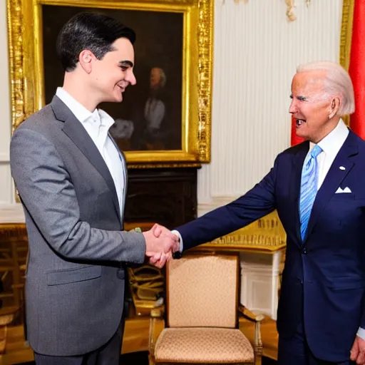 Prompt: high quality photograph of ben shapiro shaking hands with joe biden