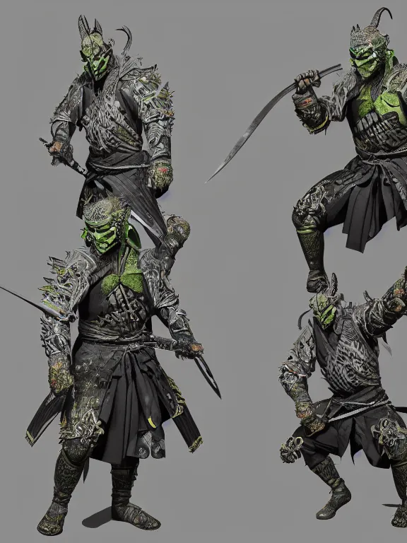 Image similar to full body front view portrait of, druidic nature ninja samurai, character design, correct anatomy, made in blender, octane render, ray tracing, ultra detailed, fantasy, intricate and highly detailed, with lots of colour, pose, sharp focus,