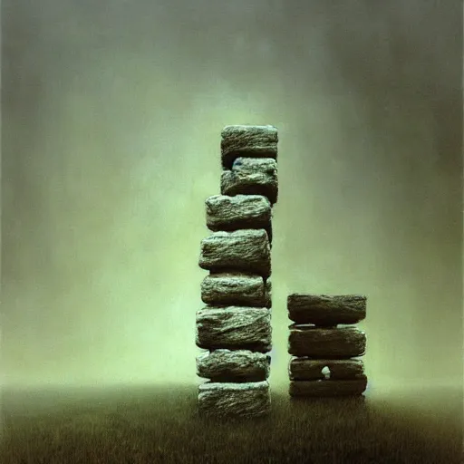 Prompt: arm reaching out of thick fog, tall stone blocks, zdzislaw beksinski