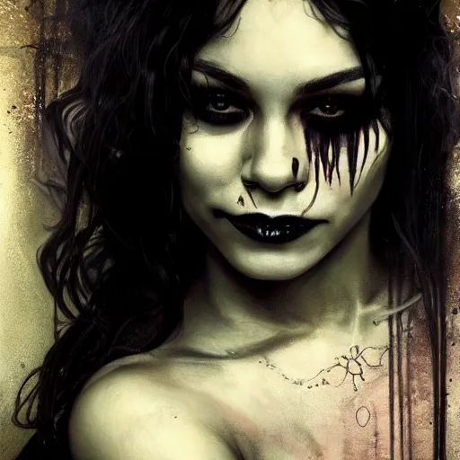 Image similar to beautiful portrait of vanessa hudgens as death from sandman, smiling, by cedric peyravernay, alphonse mucha, by jeremy mann, by lecouffe deharme, goth chic, soft lightning, eyeliner, punk rock, high detailed, 8 k