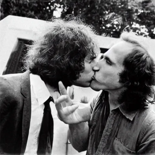 Prompt: a realistic photo of jim morrison gives a kiss to Albert hofmann