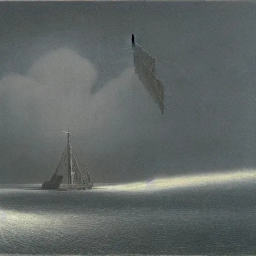 Prompt: a gunboat by Zdzisław Beksiński, oil on canvas