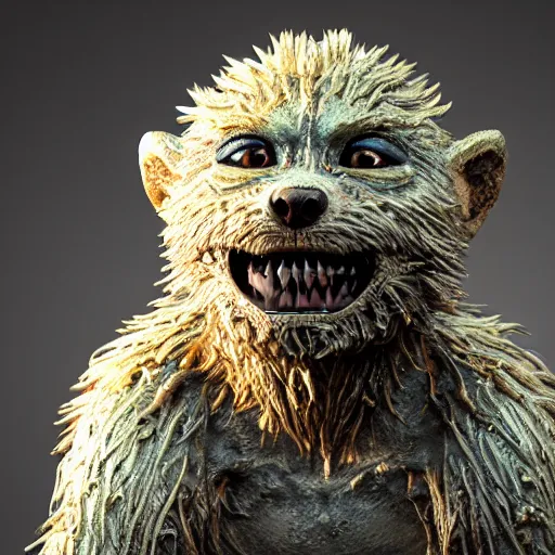 Image similar to photo taken of an epic intricate, ultra detailed, super realistic gritty, wet, lifelike sculpture of an cute furry monster with bioluminescent patches of skin created by weta workshop, zoomed in shots, subsurface scattering, photorealistic, sharp focus, white wall coloured workshop, cold colour temperature, f 0. 4, face centred, golden ratio