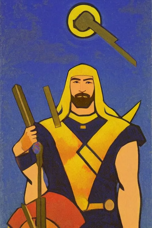 Image similar to thor with mjollnir, marvel, artwork by nicholas roerich,