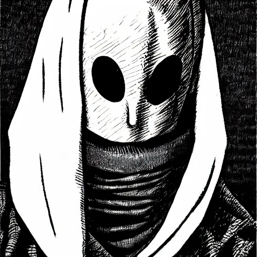 Prompt: hooded man with masked face, junji ito,