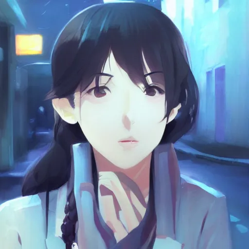 Image similar to a girl smoking, beautiful face, street at night, long hairfine art painting by makoto shinkai, featured on pixiv, hd