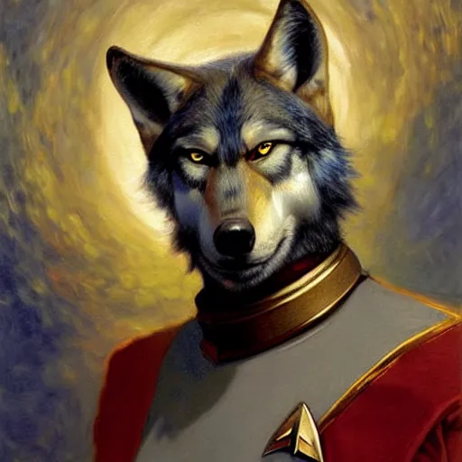 Image similar to a portrait of a wolf dogman canine star trek chief engineer. highly detailed painting by gaston bussiere craig mullins j. c. leyendecker furry