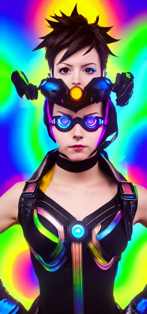 Image similar to full body overwatch style oil painting portrait of tracer overwatch, confident pose, wearing black jagged iridescent rainbow latex armor, rainbow, neon, 4 k, expressive surprised expression, makeup, wearing large rainbow neon choker, studio lighting, black leather harness, expressive detailed face and eyes,