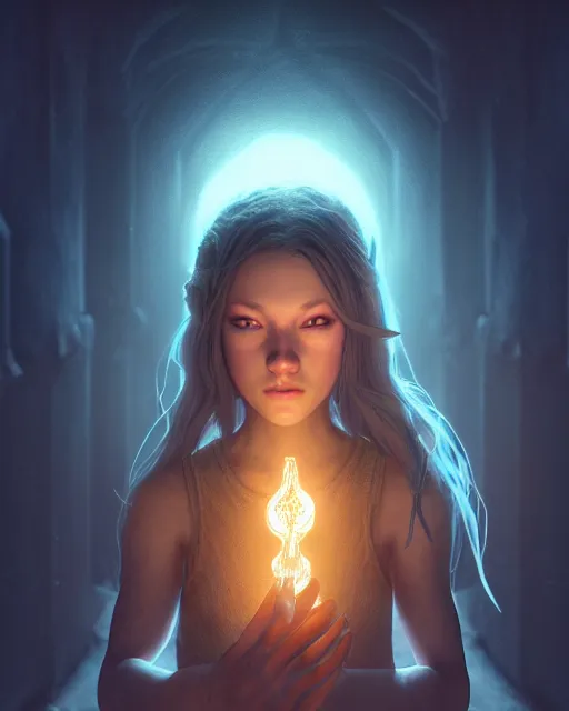 Prompt: Beautiful art portrait of a light elemental girl in a dungeon, atmospheric lighting, intricate detail, cgsociety, hyperrealistic, octane render, RPG portrait, ambient light, dynamic lighting