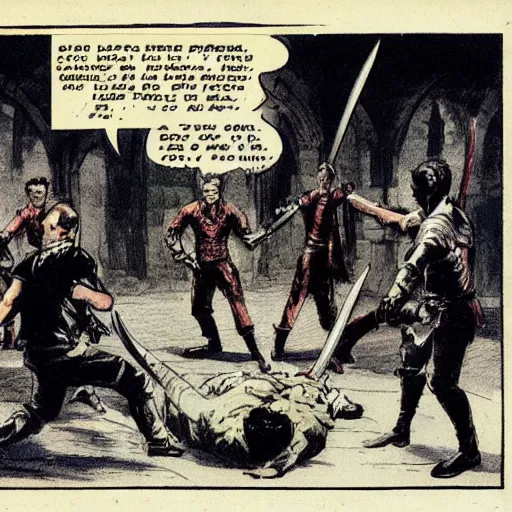 Prompt: vintage comic, greg rutkowski man with long sword fighting several martial artists at once