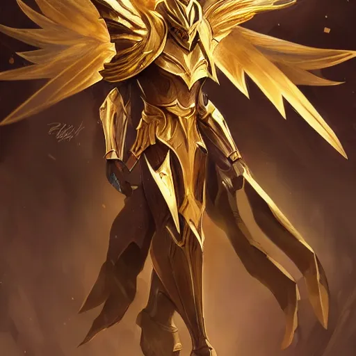 Prompt: cinematic, hyperdetailed elegant beautiful stunning league of legends azir armor fanart gold armored bird wings regal gold sunray shaped crown, warframe, destiny, octane