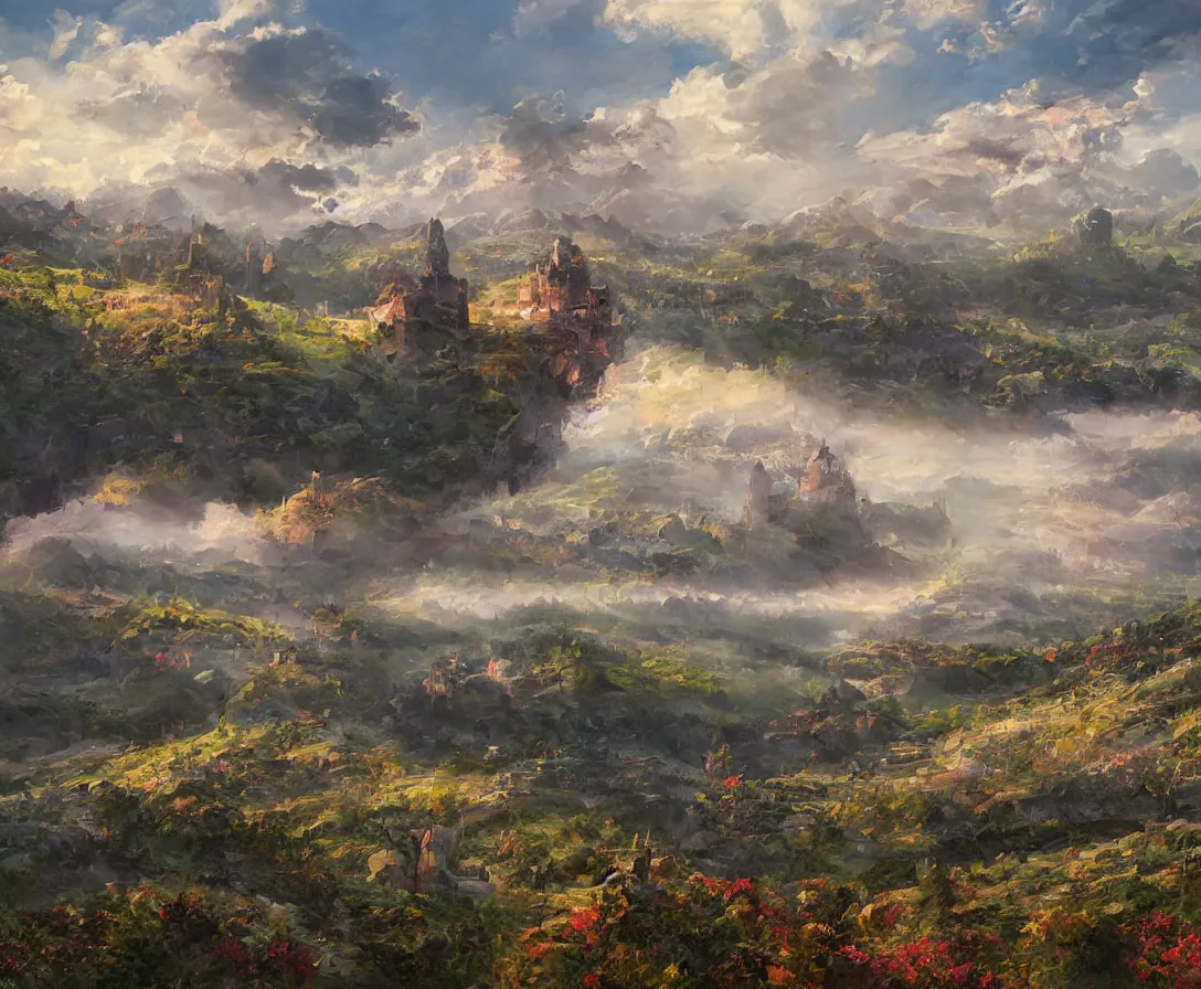 Image similar to Vast verdant empty flat valley surrounded by Transylvanian mountains. A huge zeppelin in the sky among colorful clouds. A ruined medieval castle on the hillside in the background. No villages or buildings. Late warm evening light in the summer, gloomy weather. High quality, fantasy art by Rhads.