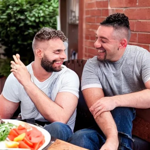 Prompt: a gay couple sharing a meatloaf