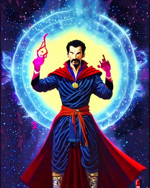 Image similar to a thangka portrait of dr. strange with glow, surrounded with spiriling sparkling flash crystals and galaxies, by jesper ejsing, aleksi briclot, hyper light drifter, by ilya kuvshinov katsuhiro, jim burns, ed emshwiller, greg rutkowski, trending on artstation