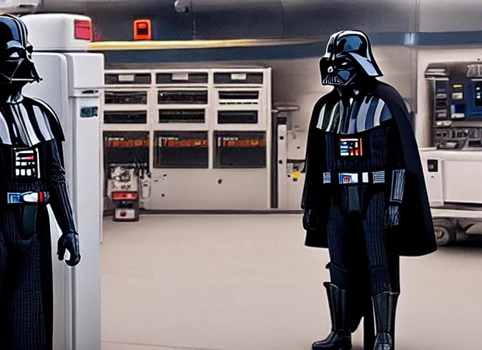 Prompt: film still of Darth Vader works at a gas station in the new Star Wars movie, 4k