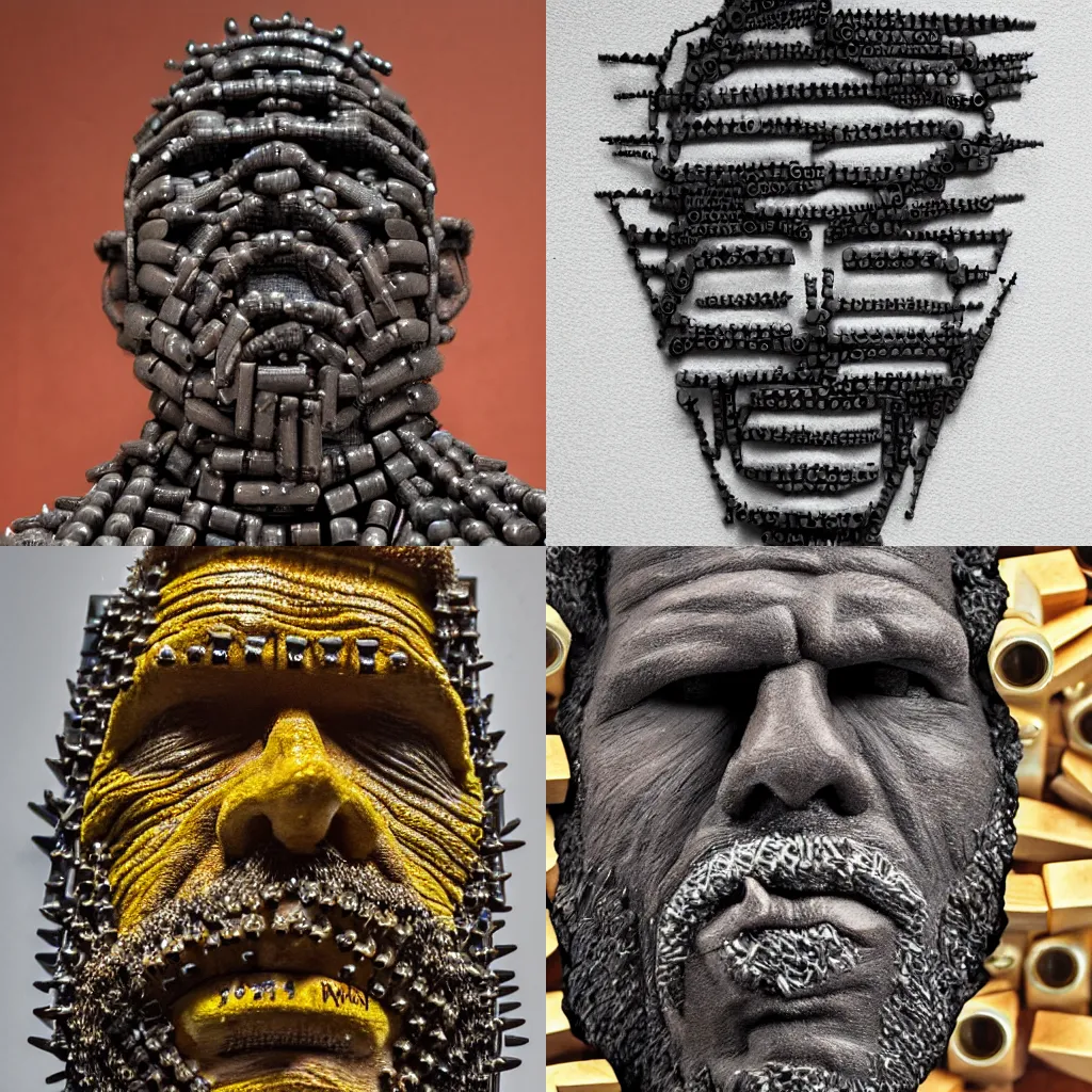 Prompt: sculpt of ron perlman made of nails and bolts, photo, medium shot, high quality, 4 k,