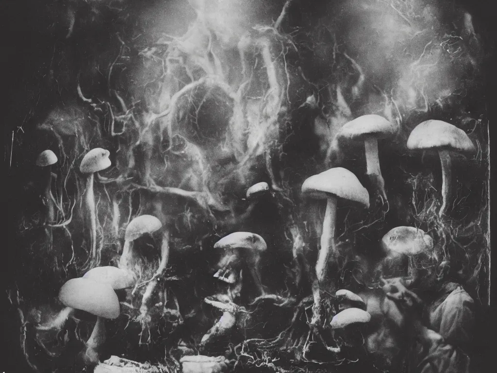 Prompt: scientists in 1 9 0 0's performing experiments on a strange mushroom, daguerreotype, dusty film, horror, sci - fi, volumetric lighting, very detailed, 8 k, cinematic, dusty photograph, by jan svankmajer & henry fuseli & otto rapp,