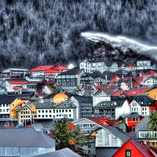 Image similar to tsunami hits bergen norway, real event, realistic, hdr, clear image,