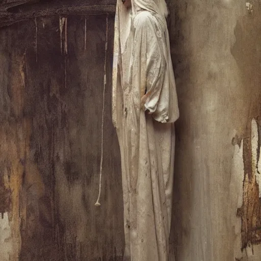 Prompt: hooded gaunt figure in long grungy decaying baptismal robes before a congregation of crows by nicola samori and tadema by greg rutkowski by alphonse mucha
