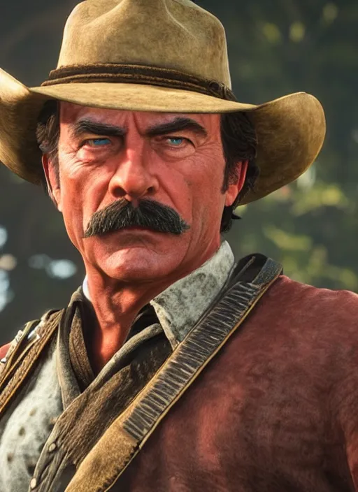 Image similar to film still of tom selleck as dutch van der linde in red dead redemption 2, gameplay, 8 k, hd