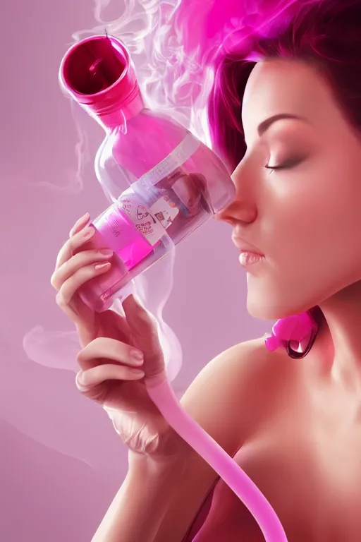 Image similar to Beautiful Woman Using a Pink Vapor Inhalation Machine Connected to a Spherical Bottle of Pink Liquid by a Tube, Pink Vapor Leaking from an Oxygen Mask, fantasy, magic, ultra detailed, digital art, trending on artstation, illustration, medical laboratory