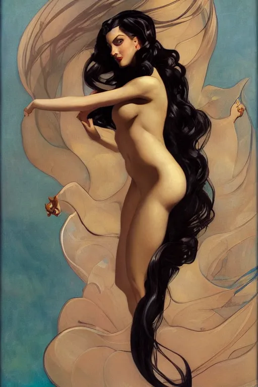 Image similar to Portrait, body centered, dark sultry beautiful mermaid with long flowing hair, wearing iridescent, gossamer gown, by j.c. Leyendecker, Brom, face by Otto Schmidt