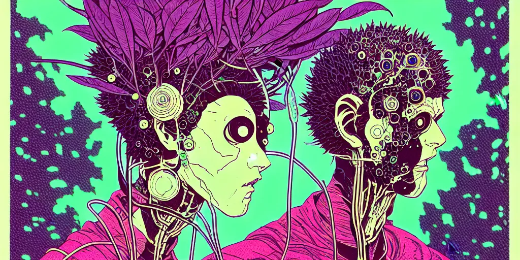 Image similar to risograph grainy drawing futuristic sci - fi antagonist face wearing earrings, photorealistic colors, face covered with plants and flowers, by moebius and satoshi kon and dirk dzimirsky close - up portrait, hyperrealistic