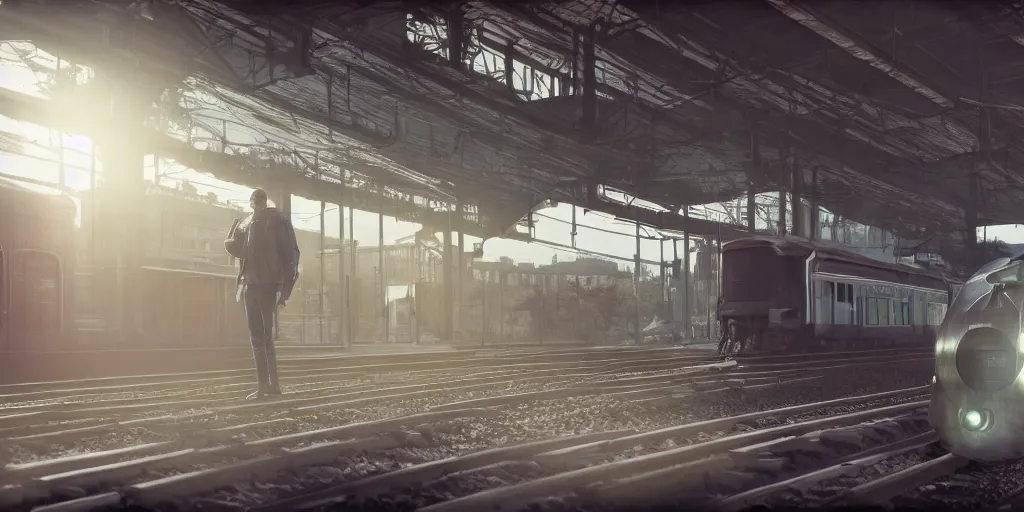 Image similar to photo of cyborg waiting for a train, 1970's, soft light, morning light, photorealistic, details, octane render, cryengine, 8k, cinematic shot