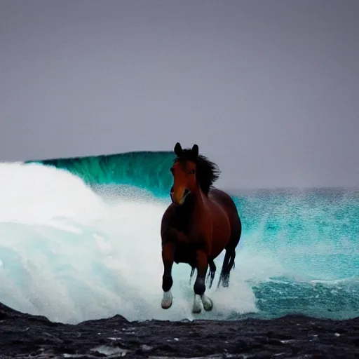 Prompt: Photograph of a horse running away from a giant wave of tsunami