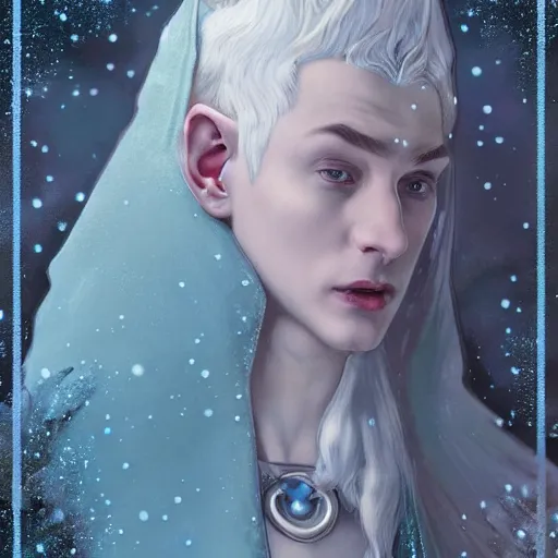 Image similar to handsome pointy - eared male snow elf in a turquoise cape and silver ornate armour, albino skin, androgynous face, mid - shot, moonlight snowing, ethereal opalescent mist, winter vibes, perfect face, elegant, very coherent symmetrical artwork, by greg rutkowski, alphonse mucha, charlie bowater, trending on artstation