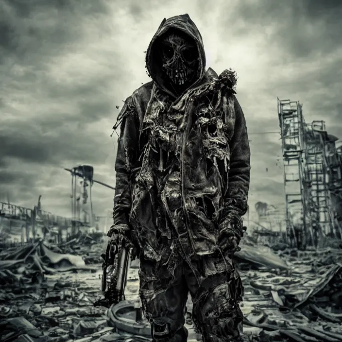 Image similar to gritty hooded apocalyptic man standing in destroyed airport, hyper - detailed, smooth, sharp focus, 4 k ultra hd, fantasy dark art, apocalyptic art