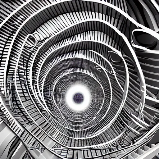 Prompt: fractal spiral staircases leading to infinity, cinematic, trippy, cinema 4 d,