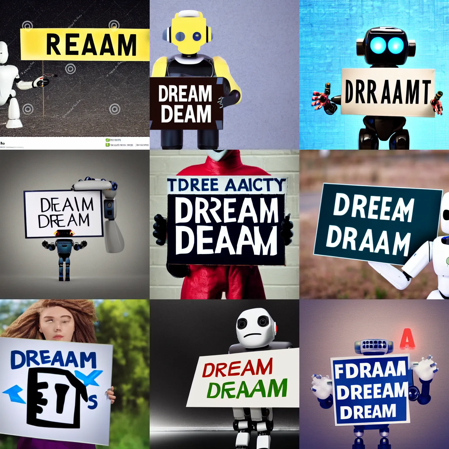 Image similar to realistic high quality photo of artificial intelligence robot holding a sign with text that reads : dream